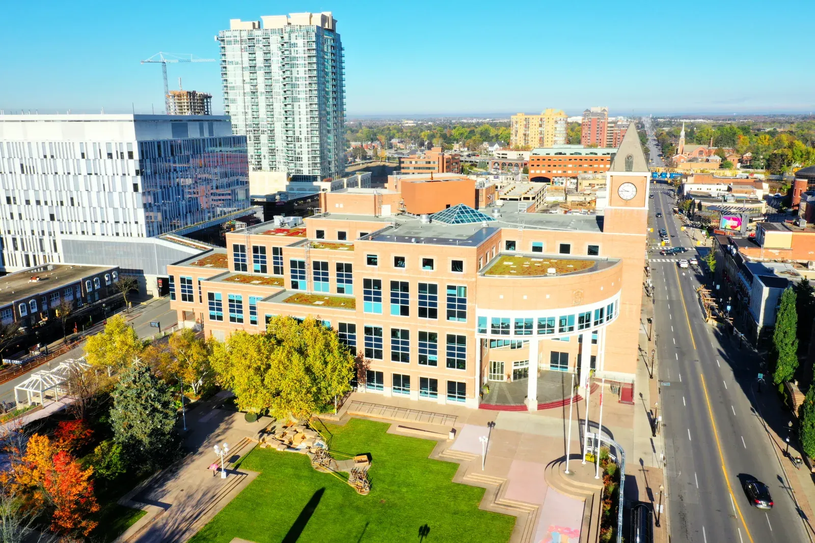 Aerial view of Brampton City Hall and Main Street