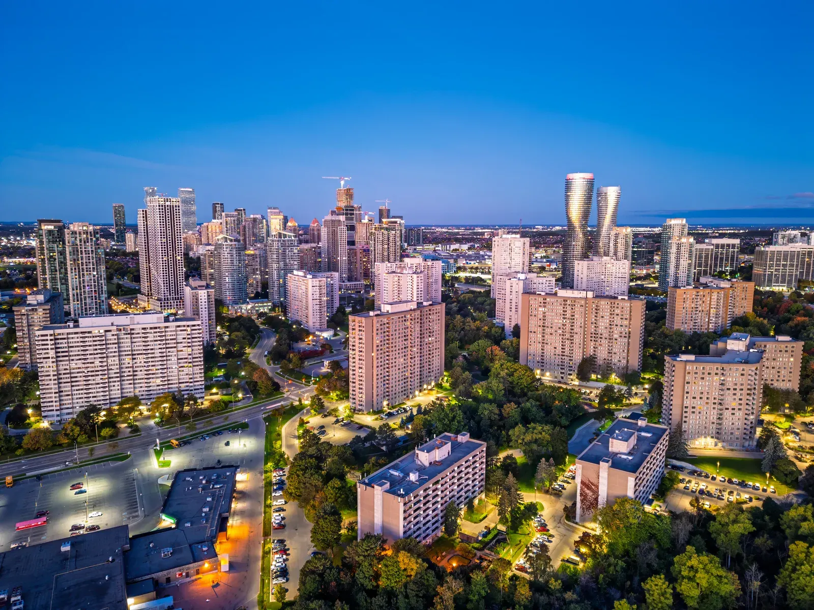 Mississauga city centre towers at blue hour