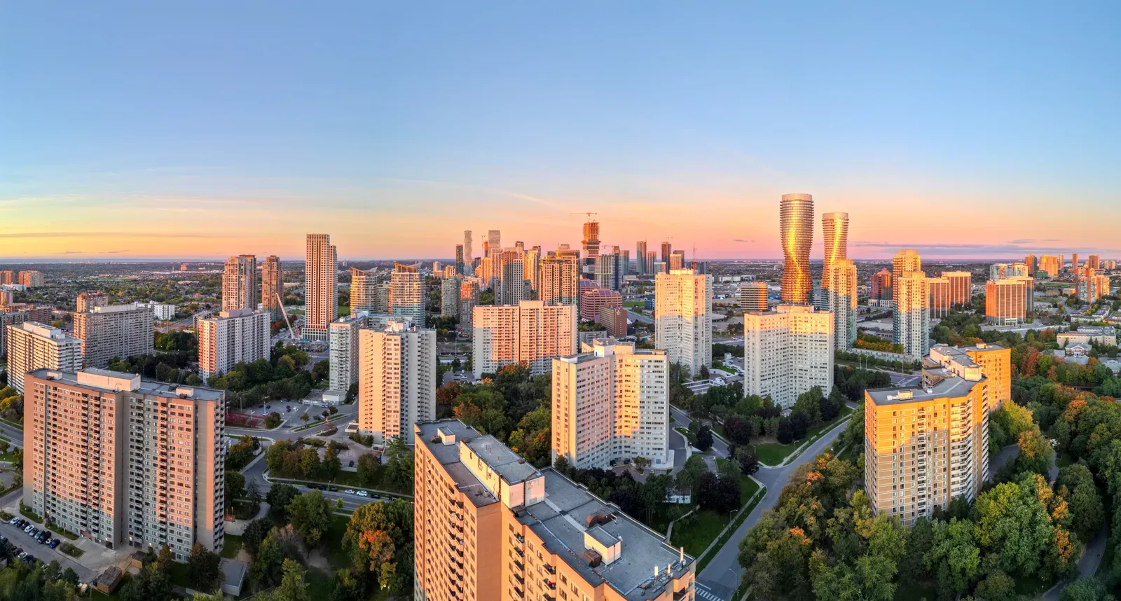 Aerial view of the Mississauga skyline at sunset